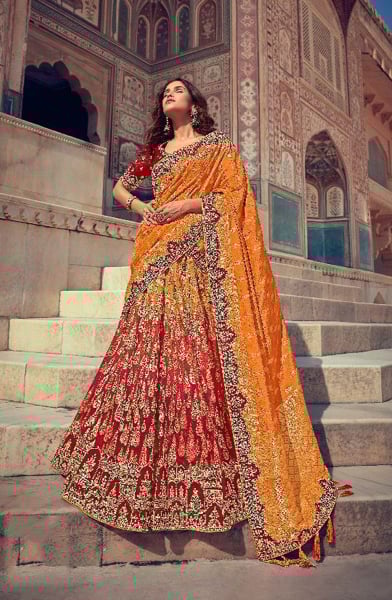Red and Golden Orange Silk Designer Lehenga Choli for Wedding