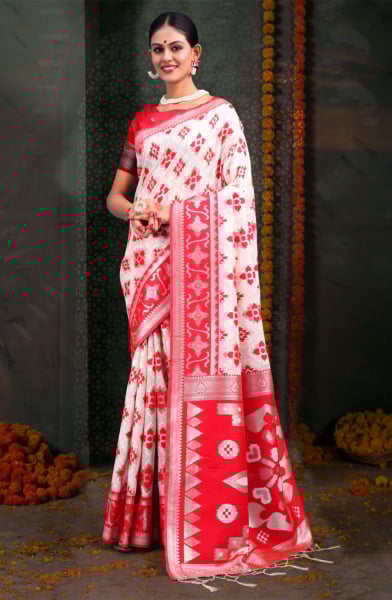 Red and White Linen Cotton Party Wear Saree