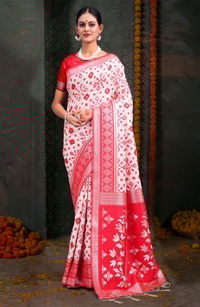 Red and White Linen Cotton Party Wear Saree