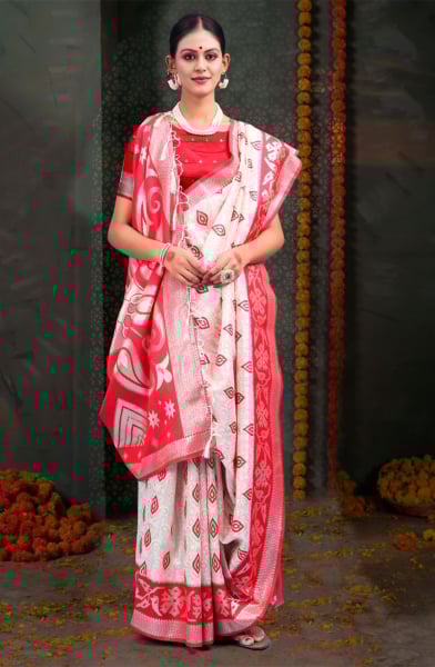 Red and White Linen Cotton Party Wear Saree