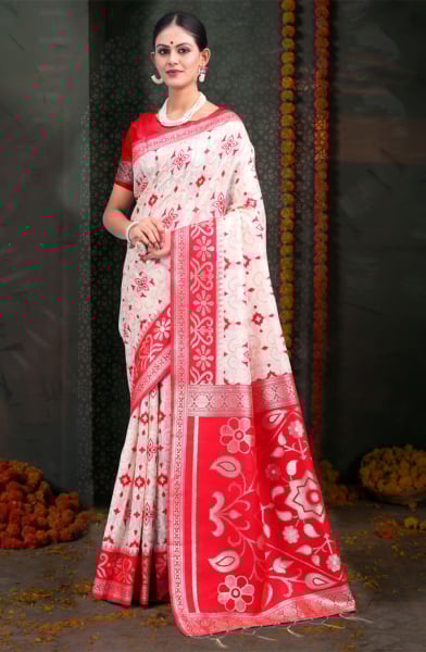 Red and White Linen Cotton Party Wear Saree