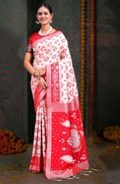 Red and White Linen Cotton Party Wear Saree