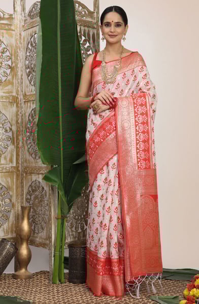 Red and White Linen Cotton Saree
