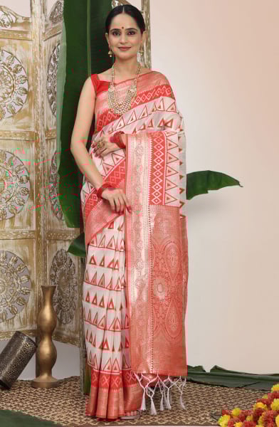 Red and White Linen Cotton Saree