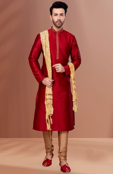 Red Banarasi Dupion Kurta Set