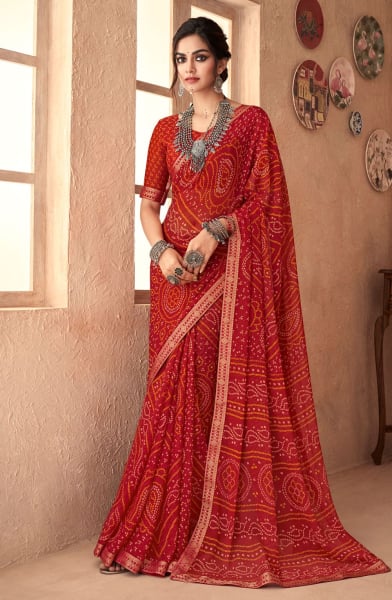 Red Chiffon Bandhani Printed Saree