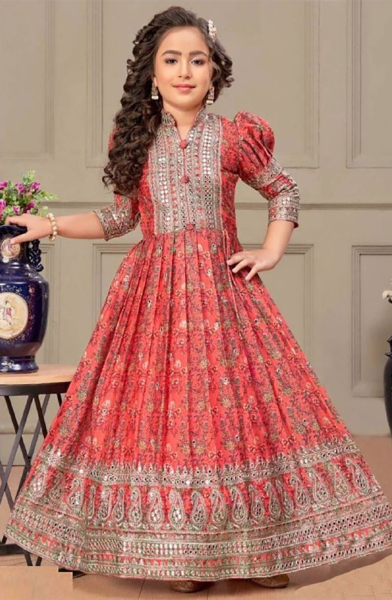 Red Chinnon Silk Digital Printed Gown