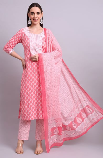 Red cotton Embroidered Readymade Suit