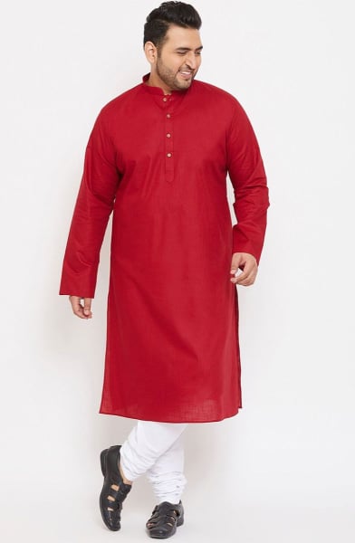 Red Cotton Blend Plus Size Kurta Set