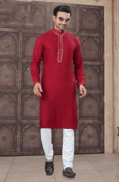 Red Cotton Kurta Pyjama Set