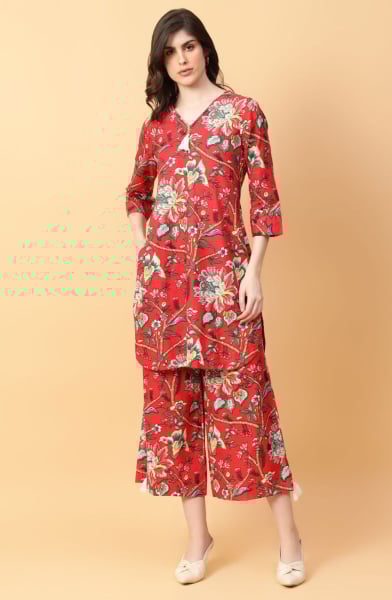 Red Cotton Printed Co-Ord Set