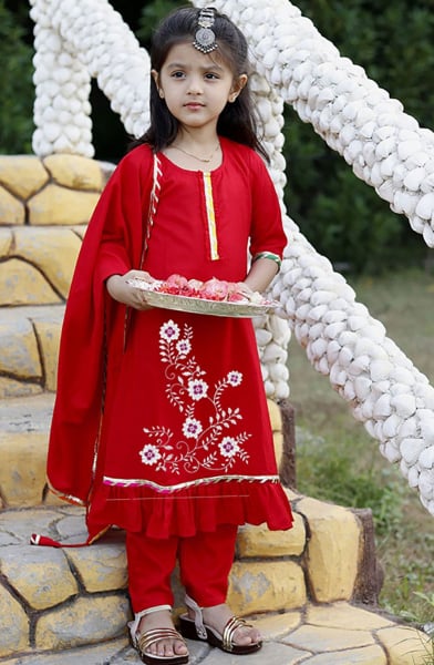 Red Cotton Readymade Suit for Girls