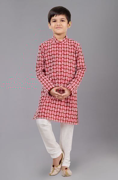 Red Cotton Silk Kids Kurta Set
