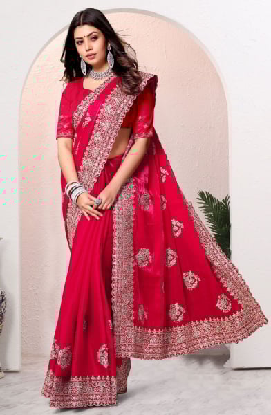 Red Crape Silk Embroidered Saree