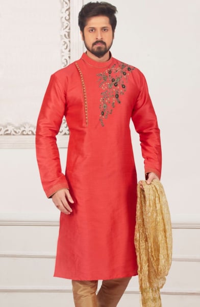Red Dupion Silk Mens Kurta