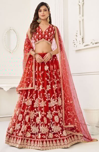 Red Embroidered Net Lehenga Choli