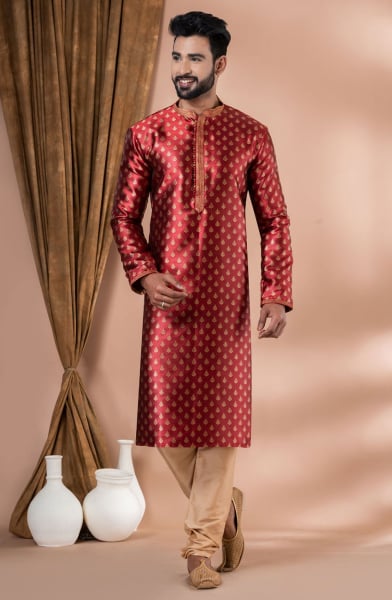 Red Festival Wear Kurta Pyjama Set