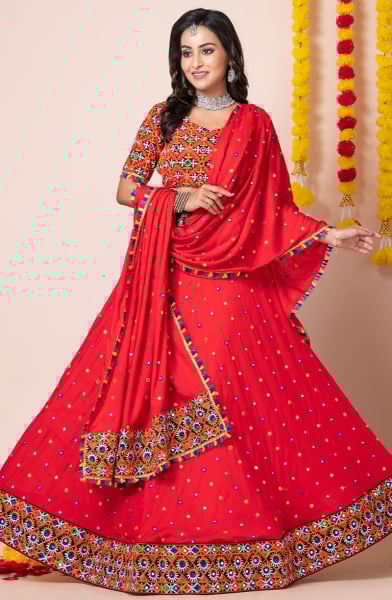Red Gamthi Work Rayon Chaniya Choli