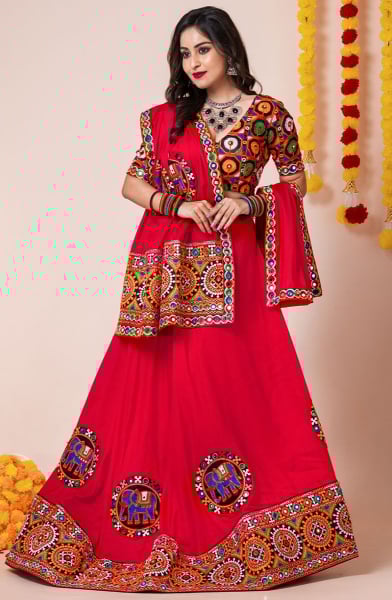 Red Gamthi Work Rayon Chaniya Choli