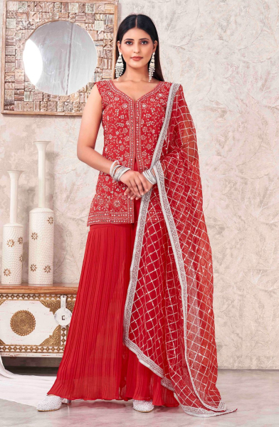 Red Georgette Embroidered Sarara Kameez Suit