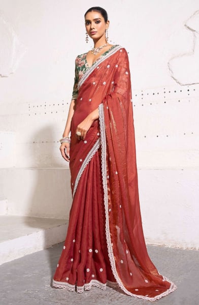 Red Gold Crush Tissue Party Wear Saree