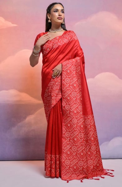 Red Handloom Raw Silk Woven Saree