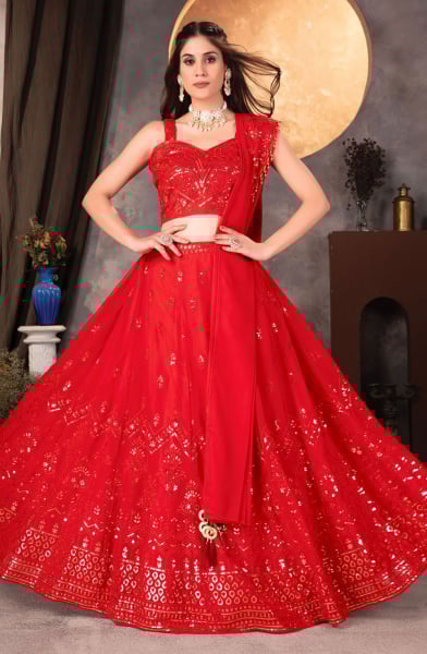 Red Heavy Embroidered Designer Lehenga Choli Set for Ceremonial