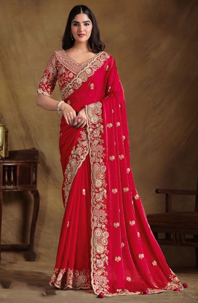 Red Heavy Embroidered Designer Saree