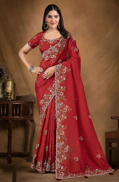 Red Heavy Embroidered Designer Saree