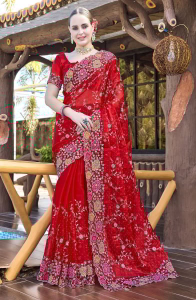 Red Heavy Embroidered Designer Saree