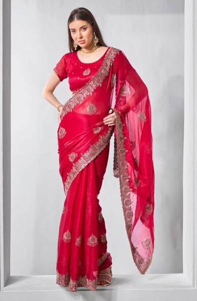 Red Heavy Embroidered Party Wear Saree