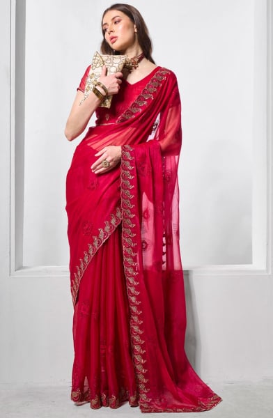 Red Heavy Embroidered Party Wear Saree