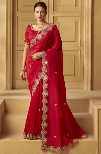 Red Heavy Organza Embroidered Saree for Ceremonial