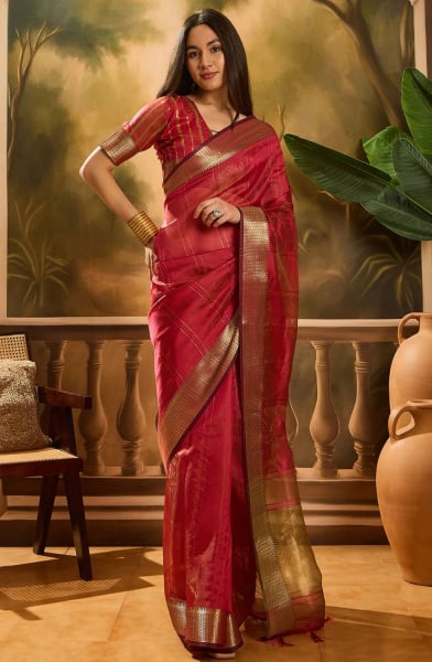 Red Khadi Organza Woven Jacquard Saree
