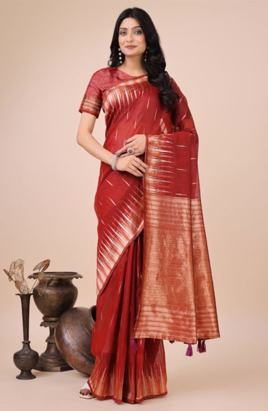 Red Linen Cotton Printed Saree