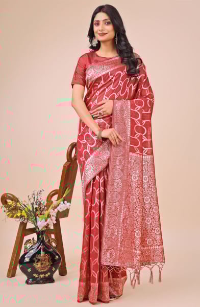 Red Linen Cotton Printed Saree