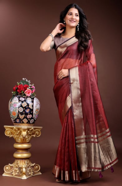 Red Organza Woven Saree