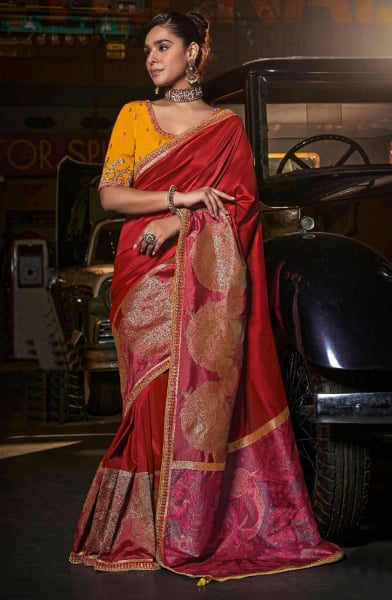 Red Pure Silk Resham Embroidered Saree