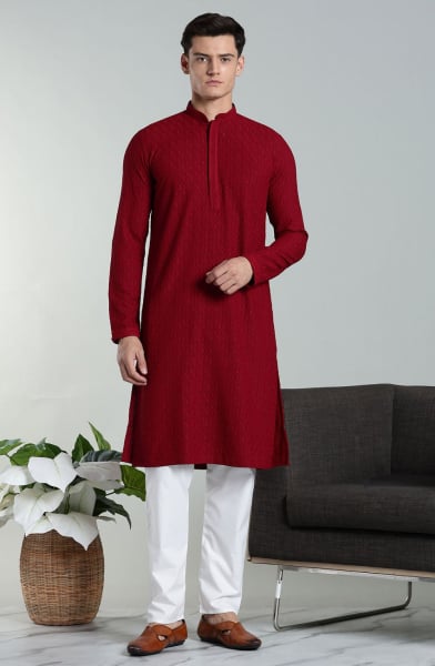 Red Rayon Cotton Chikan Embroidered Kurta Pyjama Set