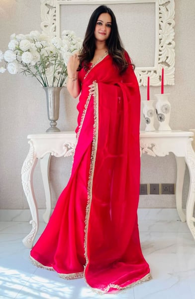 Red Satin Party Wear Saree