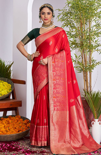 Red Satin Silk Saree for Party