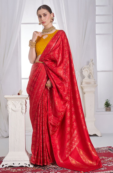 Red Satin Tissue Silk Saree for Party
