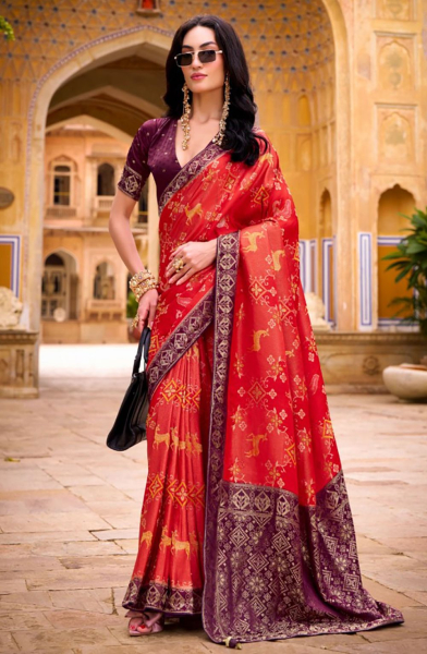 Red Satin Tissue Silk Saree for Party