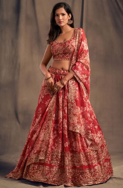 Red Sequined Organza Lehenga Choli for Wedding