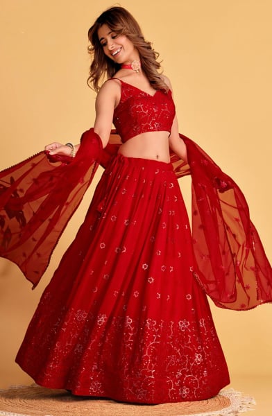 Red Sequins Embroidered Lehenga Choli Set