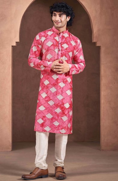 Red Viscose Men Kurta Set