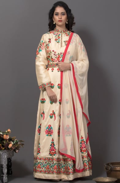 Beige Resham Embroidered Gown