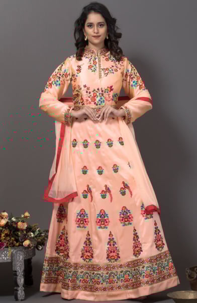 Peach Resham Embroidered Gown