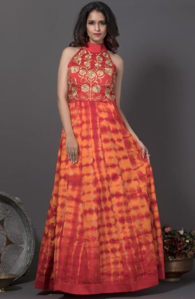 Rust Red and Orange Silk Gown