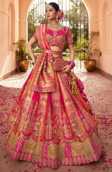 Rose Gold and Rani Pink Handwork Banarasi Silk Bridal Lehenga Choli